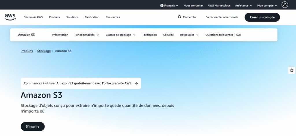 Page d'accueil d'Amazon AWS S3