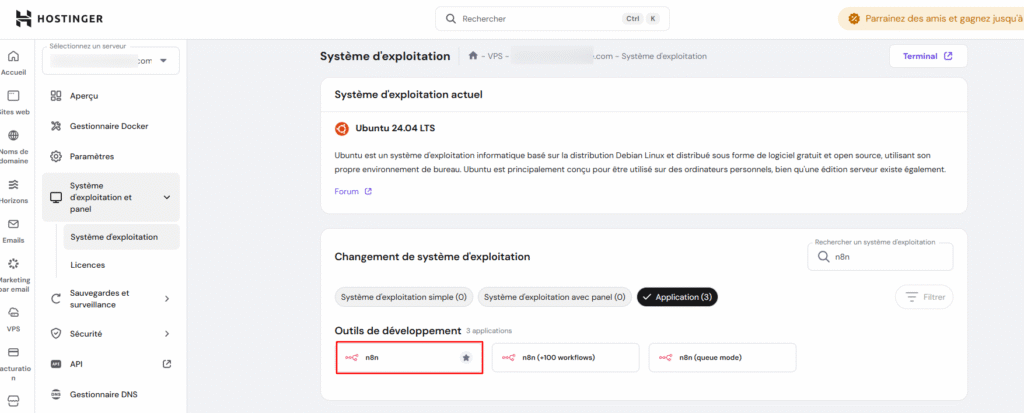 Sélection d'Ubuntu avec le système d'exploitation n8n dans hPanel.