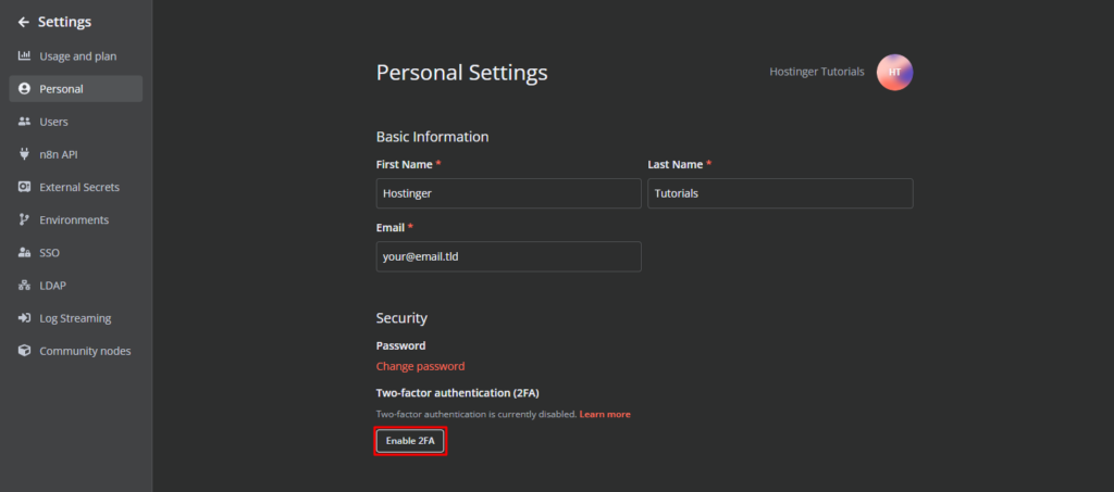 Activation de l'authentification à deux facteurs pour n8n.