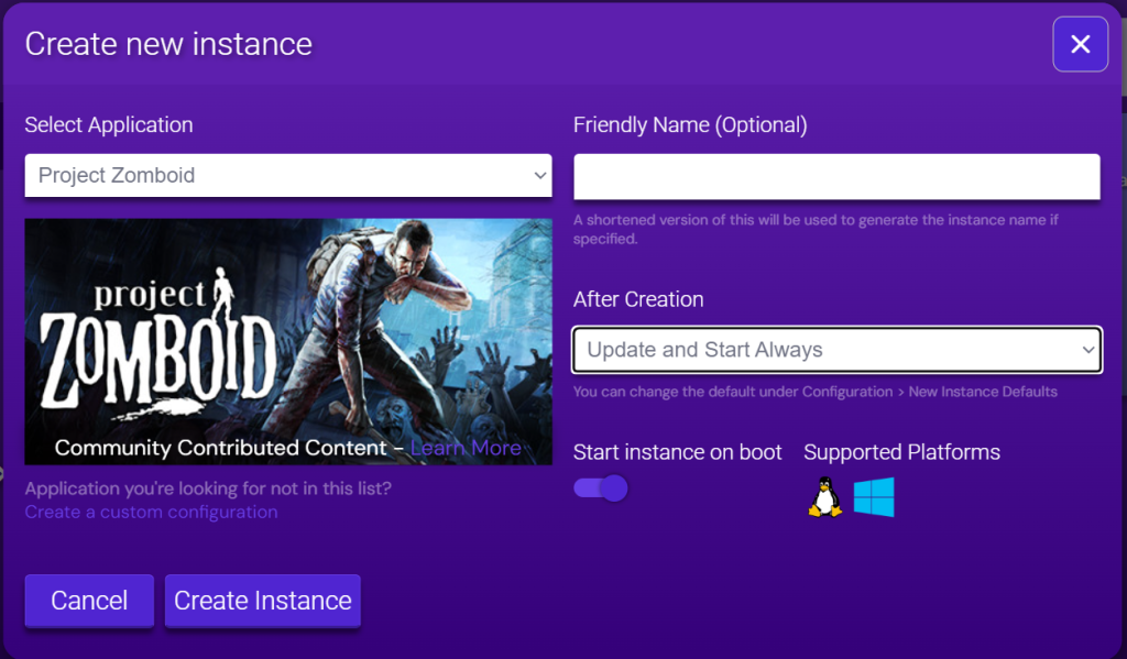 Project Zomboid: nouveau menu de création d'instance dans le Game panel Hostinger