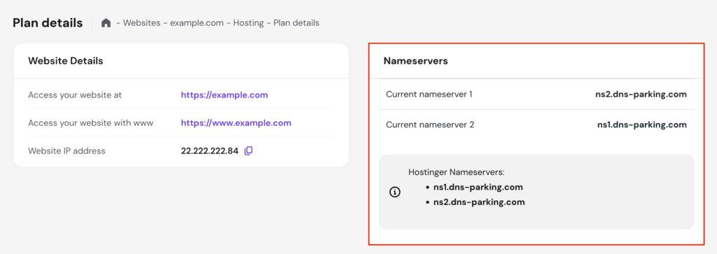 Les valeurs des serveurs de noms de Hostinger dans hPanel