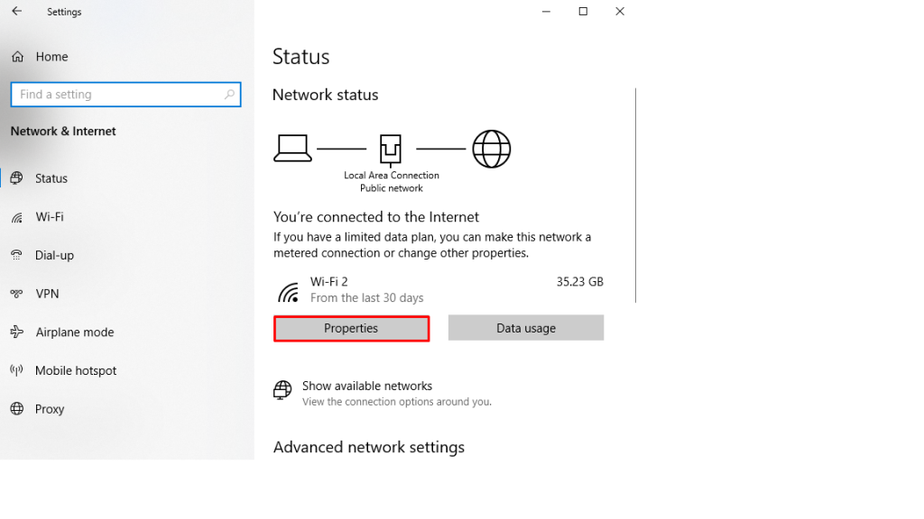 Le menu État du réseau sur Windows