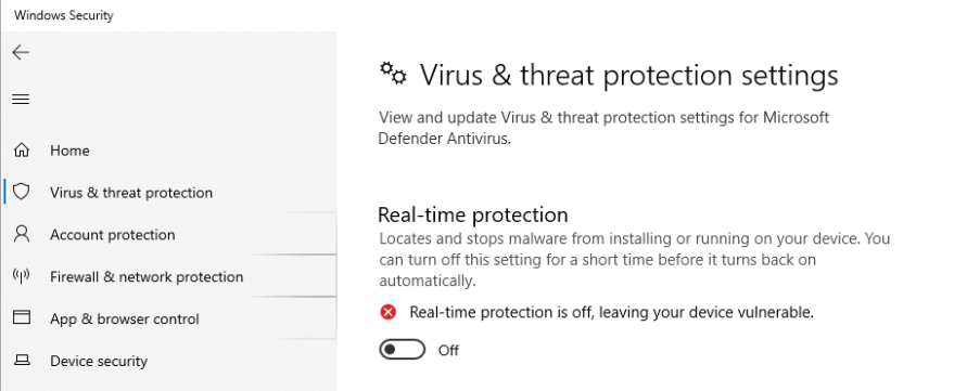 Le menu « Protection en temps réel » dans Microsoft Defender