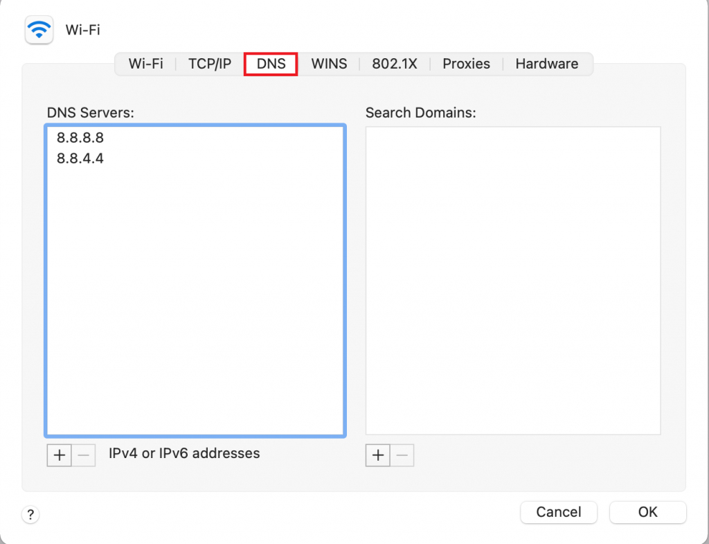 Paramètres des serveurs DNS sur macOS