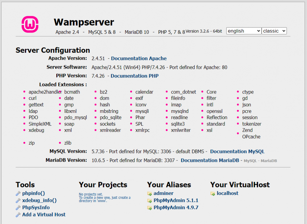 Détails de configuration du serveur WampServer.