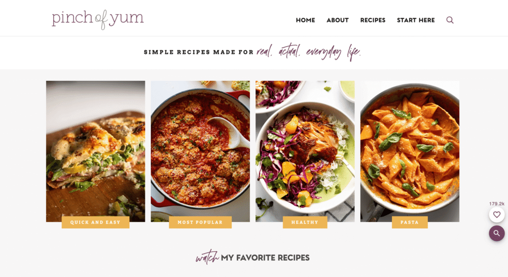 Page d’accueil de Pinch of Yum et exemple de site web informatif