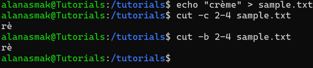 Affichage de la commande cut lors de l’utilisation simultanée des options de caractères et d’octets, et correspondance des sorties dans une distribution Linux moderne.