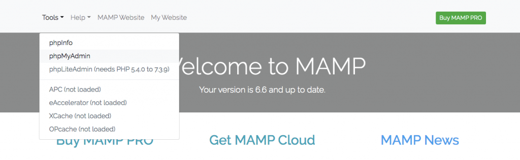 Emplacement de phpMyAdmin dans votre panneau de contrôle MAMP.