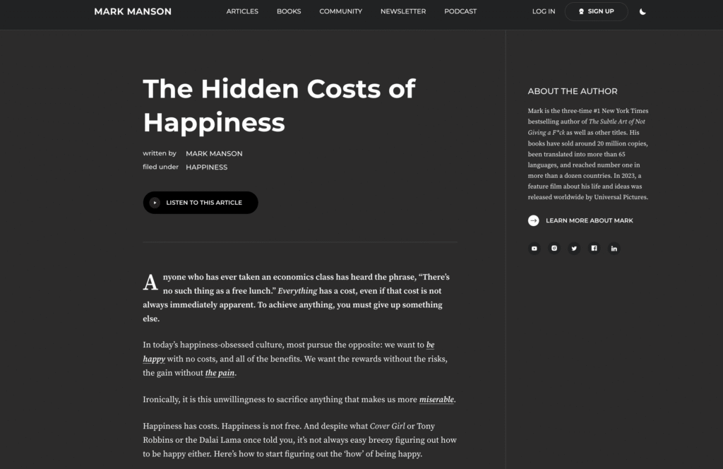 Page du blog de Mark Manson