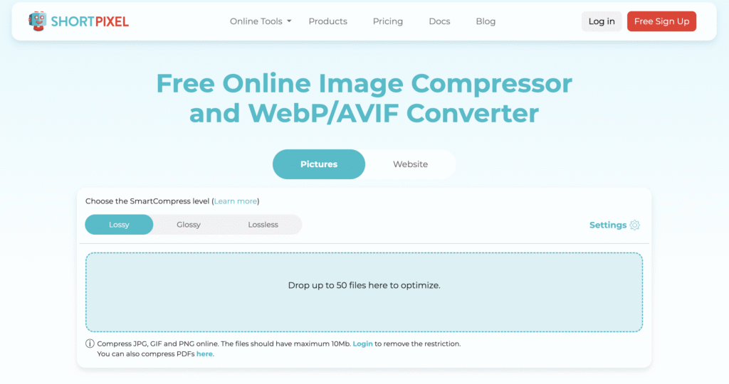 Interface Web de ShortPixel, avec des options de niveaux de compression d’images et une zone de glisser-déposer pour l’optimisation des fichiers.