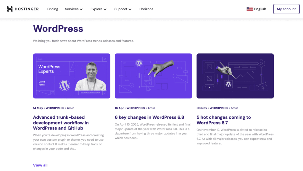 La page du blog de Hostinger affichant plusieurs extraits d’articles