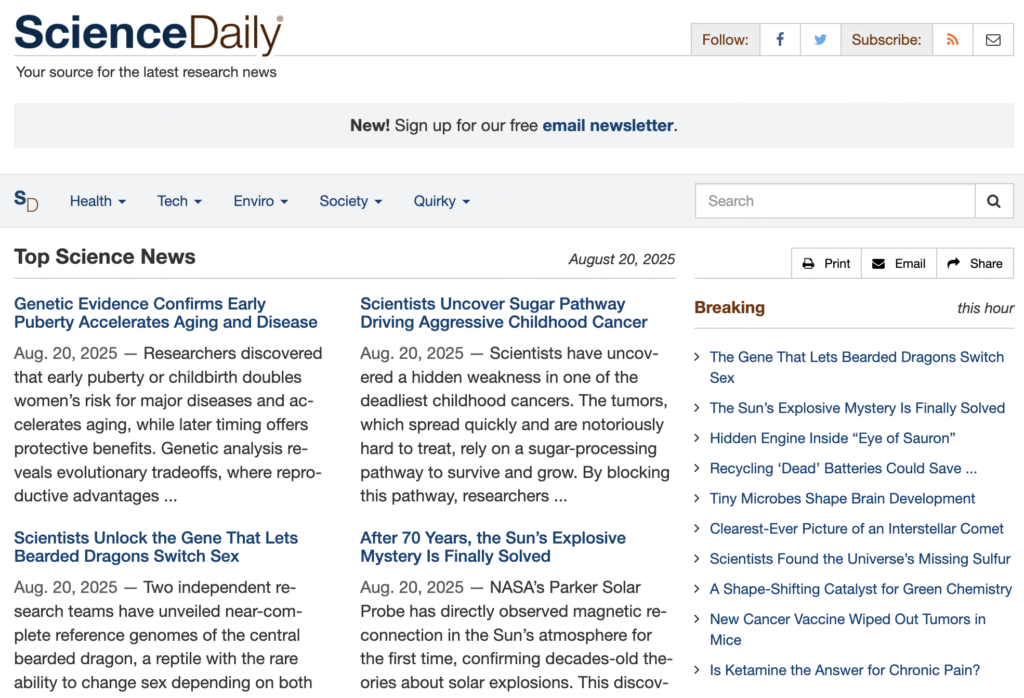 Page de blog de Science Daily