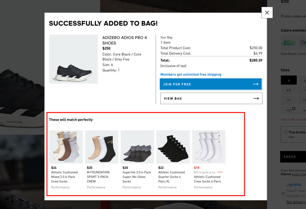 Recommandations de vente croisée de chaussures Adidas