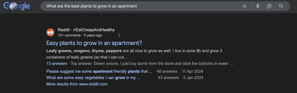 Reddit sur une page de résultats de recherche Google