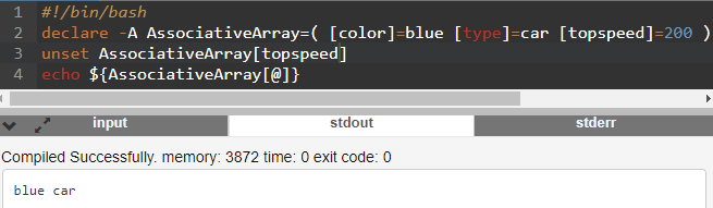 Script Bash illustrant la commande `unset` pour les tableaux associatifs, utilisée pour supprimer un élément du tableau