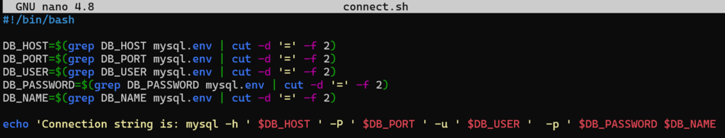 Image du script connect.sh rédigé aux étapes précédentes, montrant comment `cut` peut être utilisé dans un script bash.