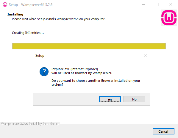 La fenêtre d’installation indiquant que Wampserver64 est en cours d’installation.