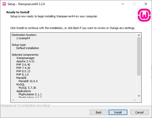 La fenêtre d’installation indiquant que Wampserver64 est prêt à être installé.