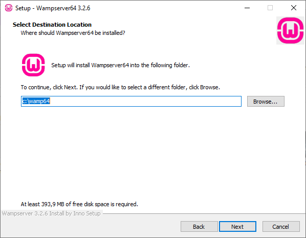 Sélection du dossier de destination lors de l’installation de WampServer.