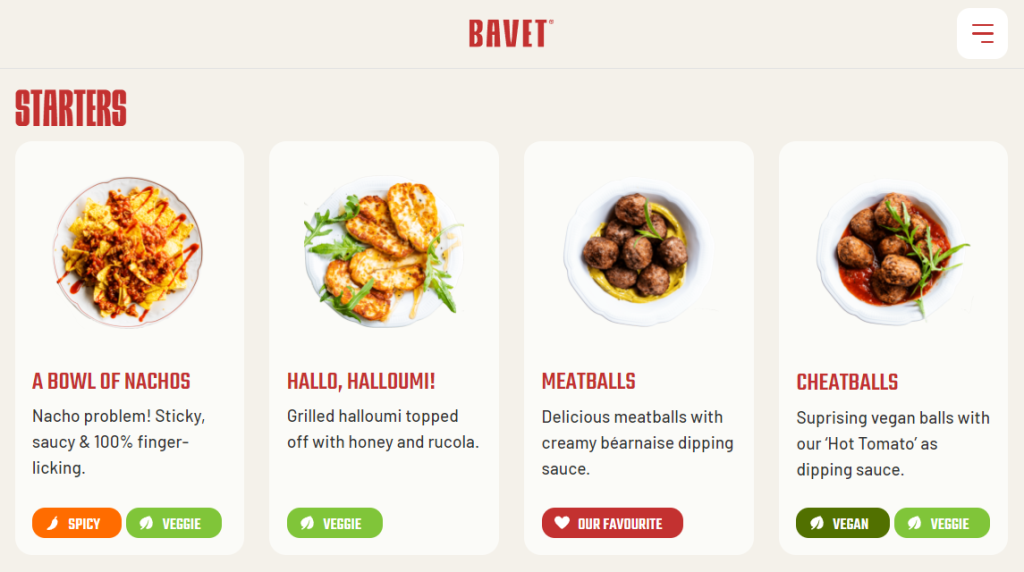 Bavet inclut des sens dans les descriptions de ses plats au menu
