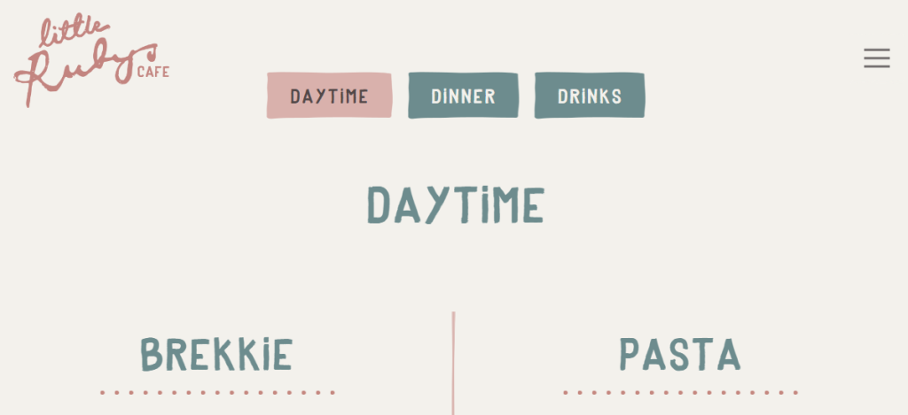 La catégorisation du menu de Little Ruby's Cafe