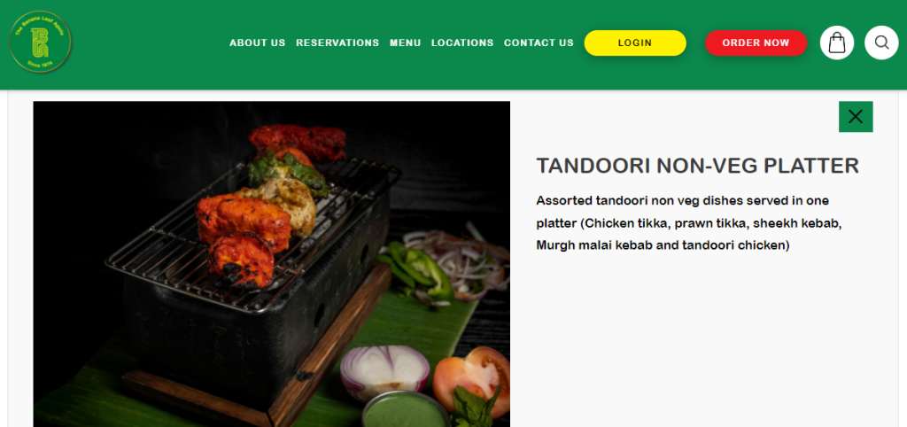 Le Banana Leaf Apolo mentionne la méthode de cuisson tandoori dans la description de son plat.
