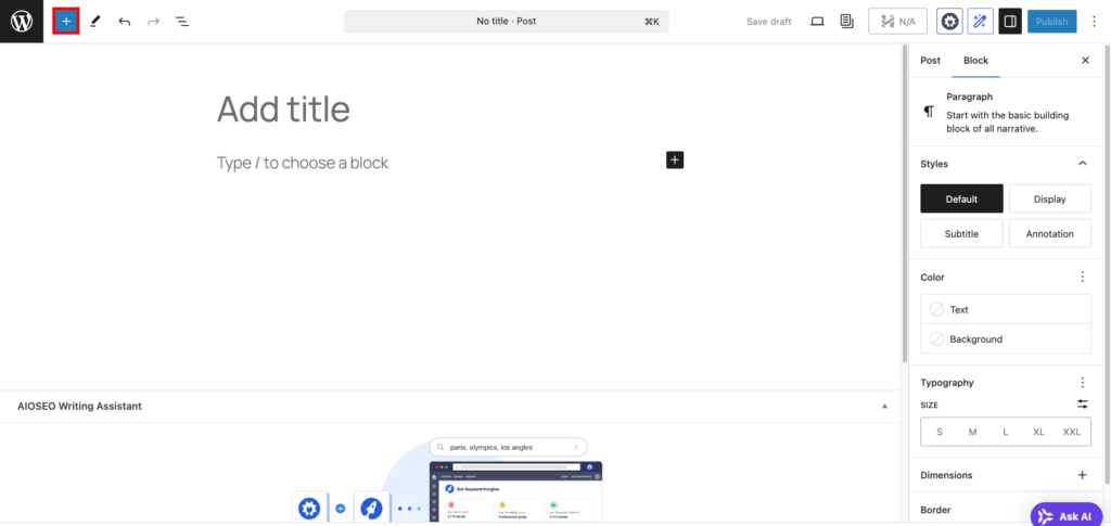 Éditeur d’articles WordPress, mettant en évidence le bouton d’insertion de blocs
