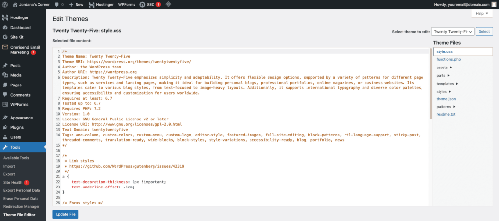 Interface de l’éditeur de fichiers de thème WordPress