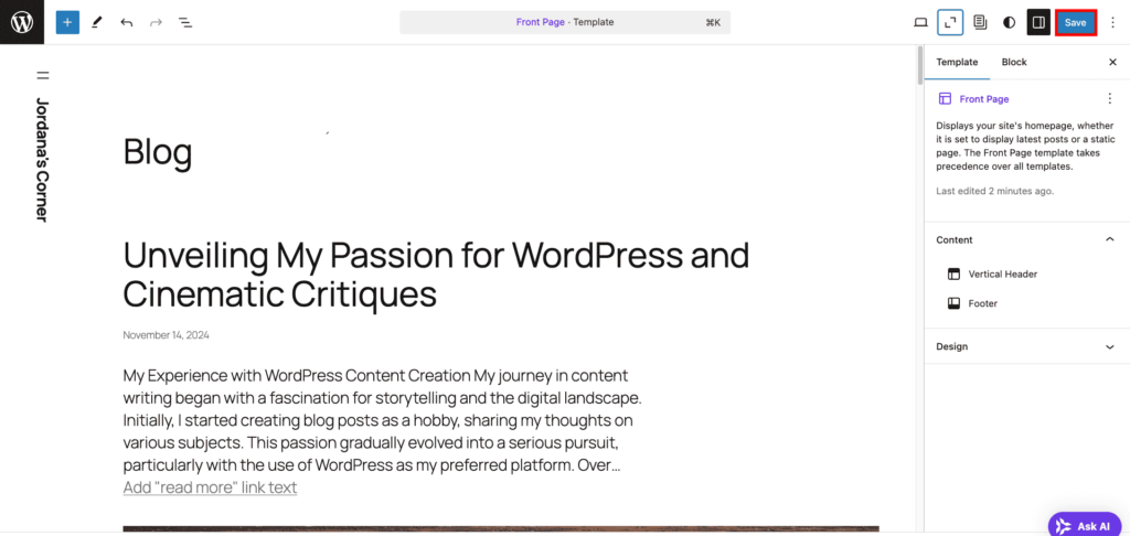 Modification d’un modèle de page dans l’Éditeur de site, avec le bouton Enregistrer mis en évidence
