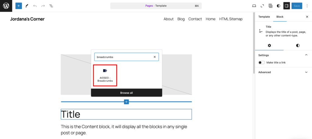Ajouter le bloc Fil d’Ariane au modèle Pages dans l’Éditeur de site de WordPress
