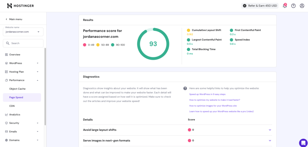 Fonctionnalité de test de vitesse des pages dans le hPanel de Hostinger
