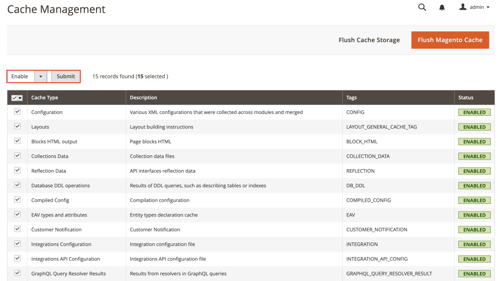 Panneau d’administration de Magento affichant les options de gestion du cache avec les types de cache activés