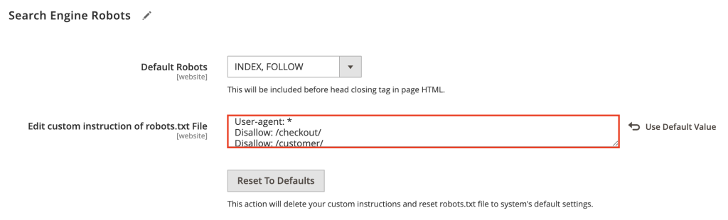 Panneau d’administration de Magento mettant en évidence le champ d’instructions robots.txt personnalisées dans les paramètres Robots des moteurs de recherche