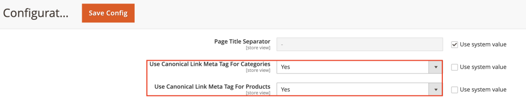 Panneau d’administration de Magento mettant en évidence les options de balise méta de lien canonique pour les catégories et les produits
