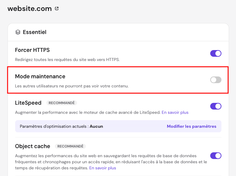 Le mode maintenance de WordPress dans le hPanel de Hostinger