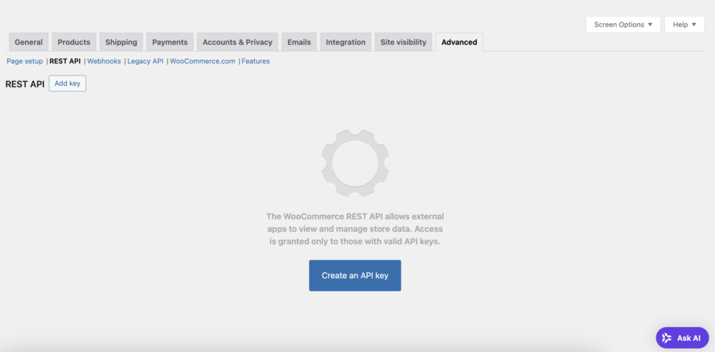 L’onglet API REST dans les paramètres avancés de WooCommerce