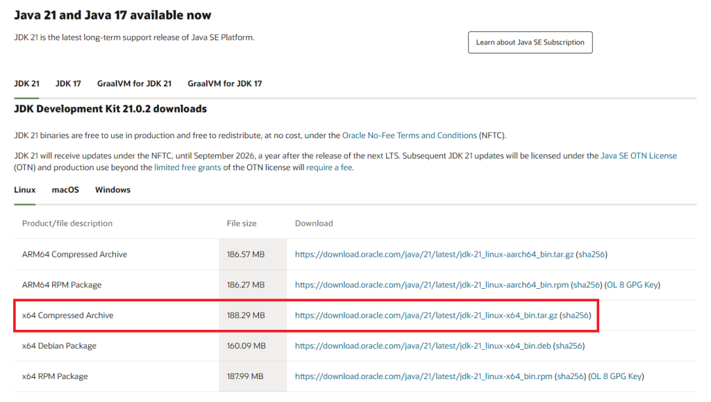 Choix de la version de JDK adaptée à Ubuntu sur la page de téléchargement officielle d’Oracle