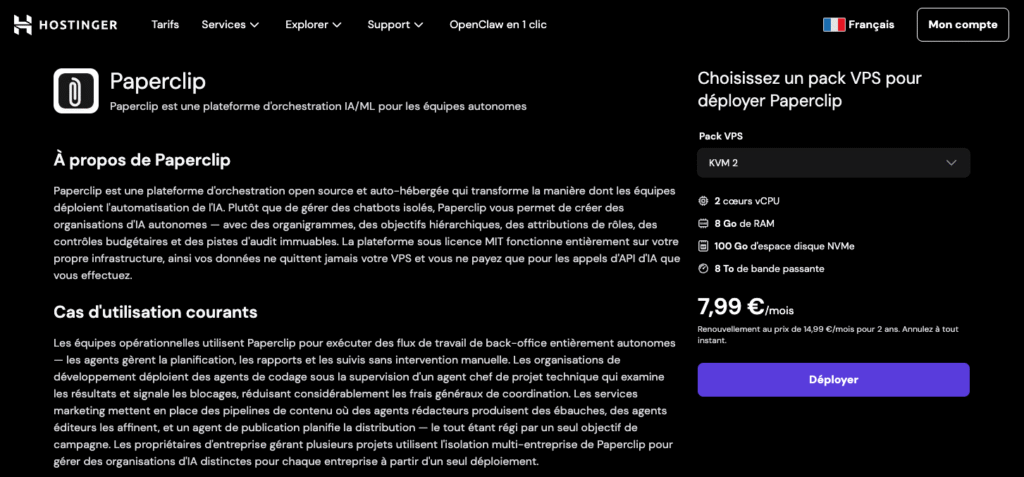 Page VPS Paperclip de Hostinger, où les utilisateurs peuvent choisir une offre VPS pour déployer Paperclip.