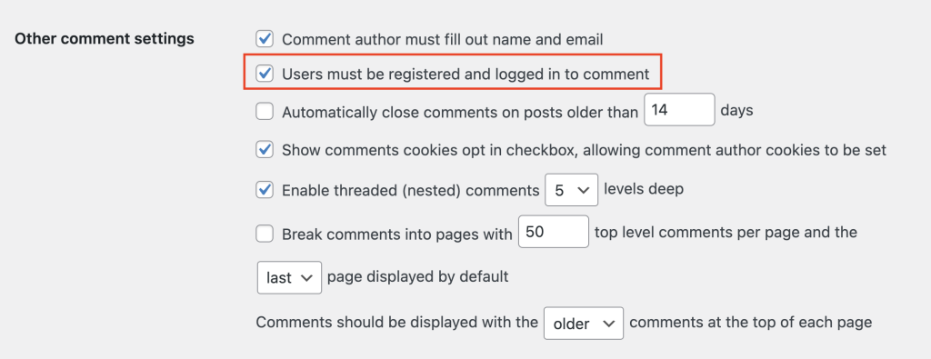 Paramètres des commentaires de WordPress, mettant en évidence l’option permettant d’autoriser les commentaires uniquement des utilisateurs enregistrés