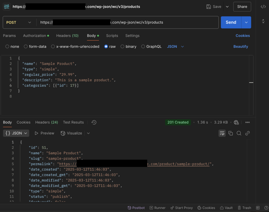 Exemple de résultat d’une requête POST de l’API REST WooCommerce