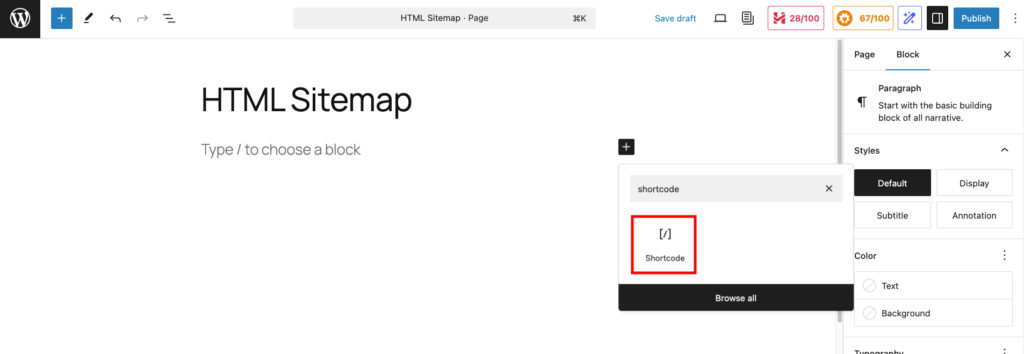 Éditeur de page WordPress mettant en évidence le bloc de shortcode
