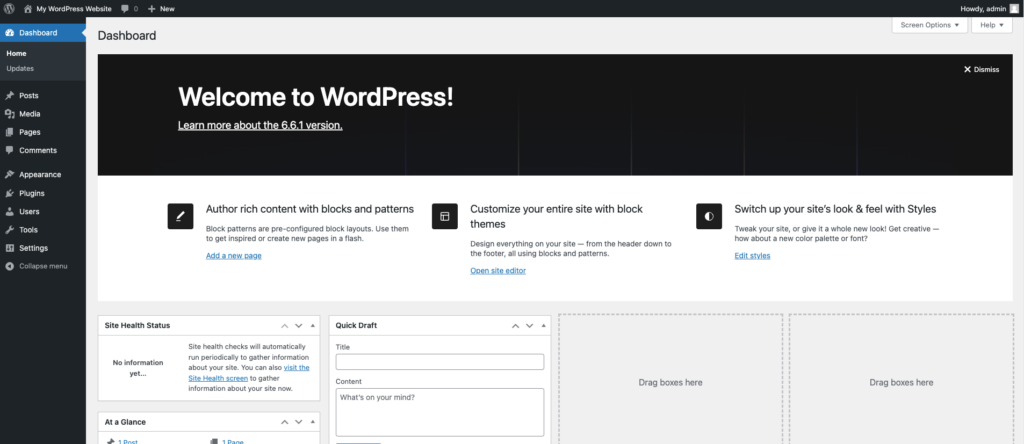 Tableau de bord d’administration WordPress par défaut

