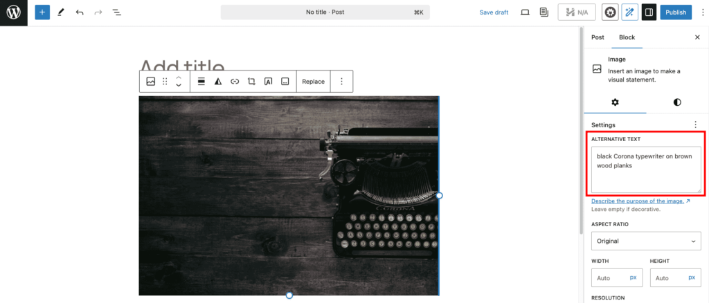 Texte alternatif d’image dans l’éditeur WordPress