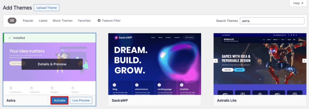 Activation d’un thème WordPress nouvellement installé
