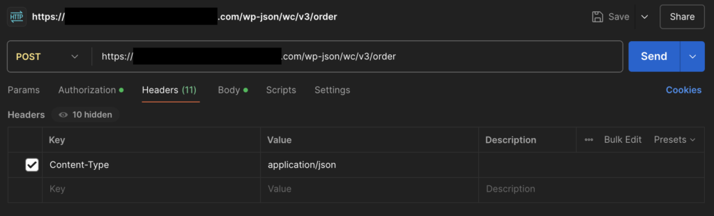 Exemple de valeur d’en-tête de requête POST de l’API REST WooCommerce