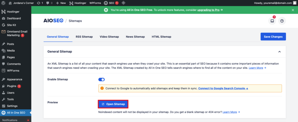 Fonctionnalité de plan de site AIOSEO de WordPress
