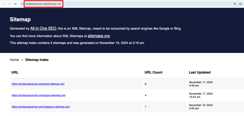 URL du sitemap XML WordPress généré par AIOSEO