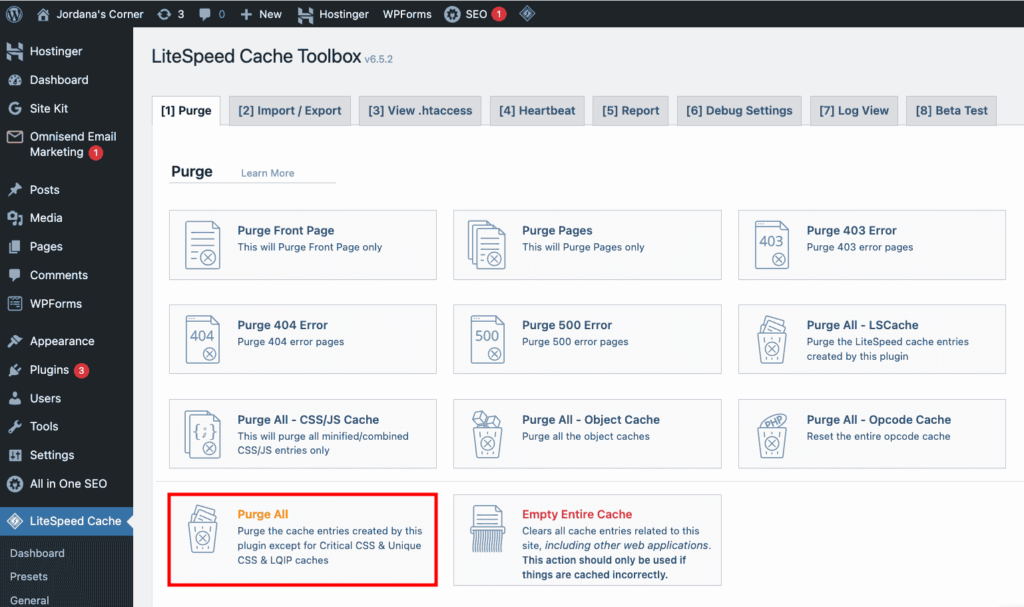 LiteSpeed Cache de WordPress, avec mise en évidence de l’option permettant de purger tous les caches