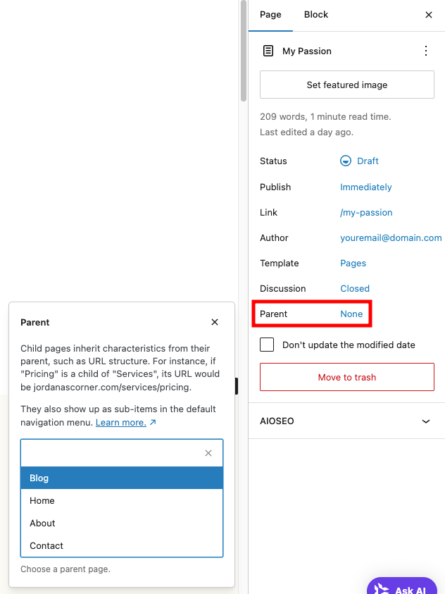 Éditeur de page WordPress, avec mise en évidence de l’attribut de page parente
