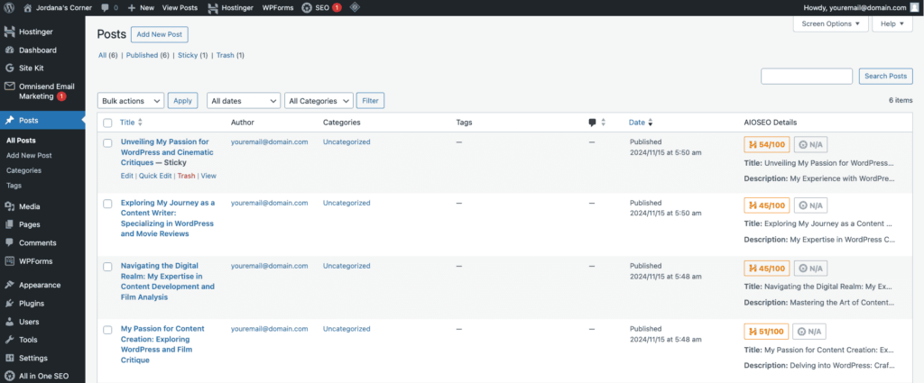 Menu Articles de WordPress affichant une liste d’articles publiés et de brouillons